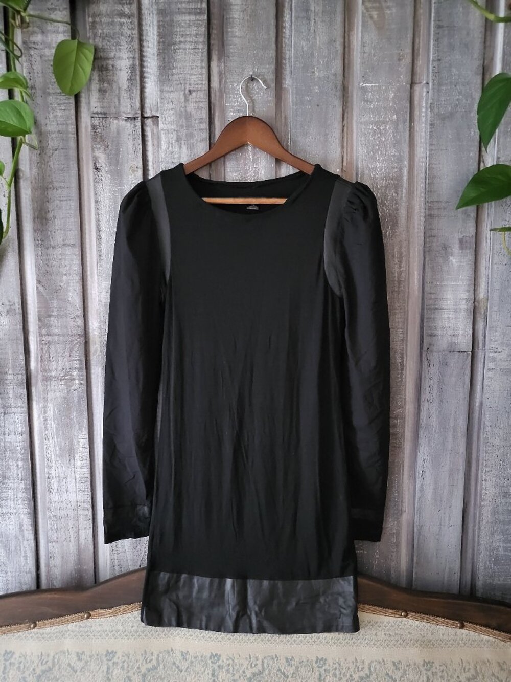 RUDSAK Black Silk Blend Leather Trim Mini Dress P/S